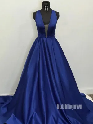 Simple Dark Blue V- neck Stain Long Prom Dresses FP1231