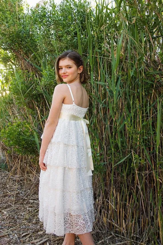 Simple Design Ivory Lace Spaghetti Flower Girl Dresses, FG040