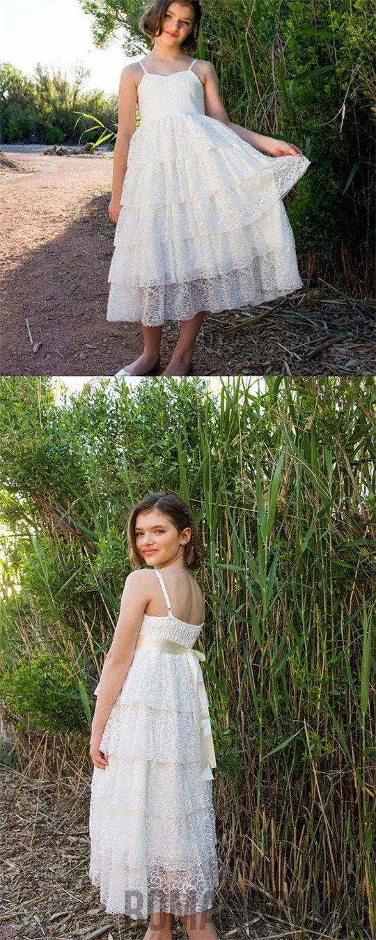 Simple Design Ivory Lace Spaghetti Flower Girl Dresses, FG040