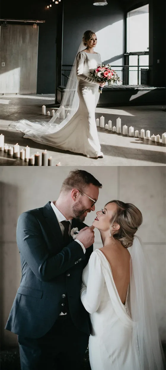 Simple Elegant Long Sleeves Backless Wedding Dresses With Train, WD0438