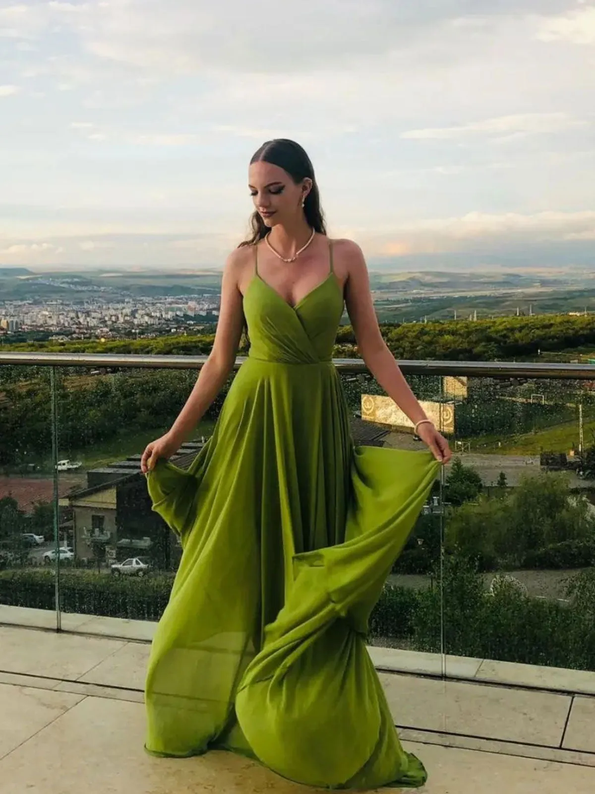 Simple Green A line chiffon long prom dress green bridesmaid dress