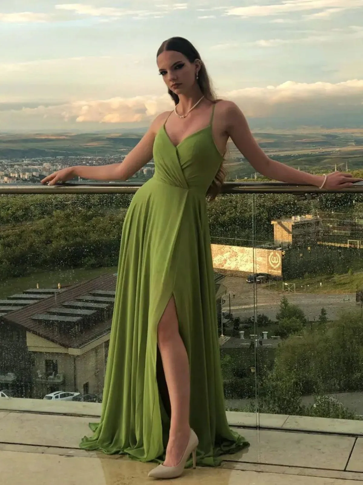 Simple Green A line chiffon long prom dress green bridesmaid dress