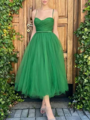 Simple green tulle short prom dress A line green formal dress
