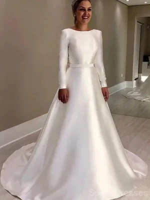 Simple Long Sleeves Satin A-line Wedding Dresses, Cheap Wedding Gown, WD712