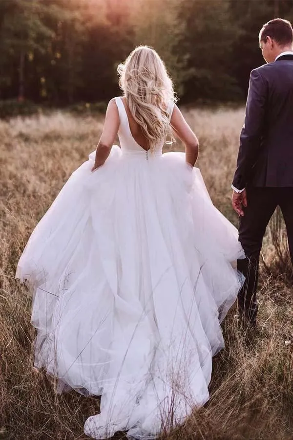 Simple Modest Ivory Tulle Wedding Gowns Backless Wedding Dress  WD313