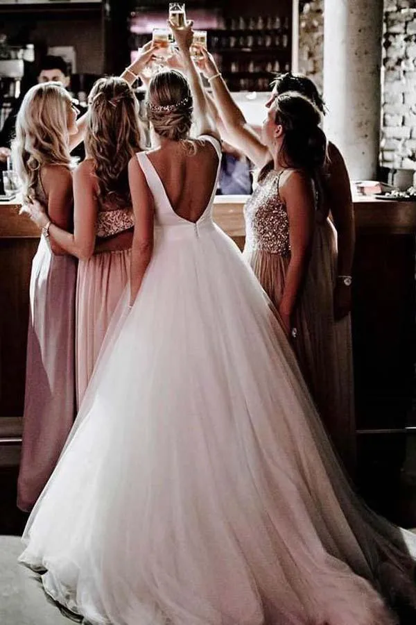 Simple Modest Ivory Tulle Wedding Gowns Backless Wedding Dress  WD313
