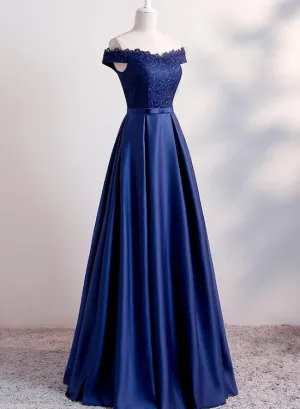 Simple Navy Blue Off Shoulder Bridesmaid Dress, Long Lace and Satin Formal Dress