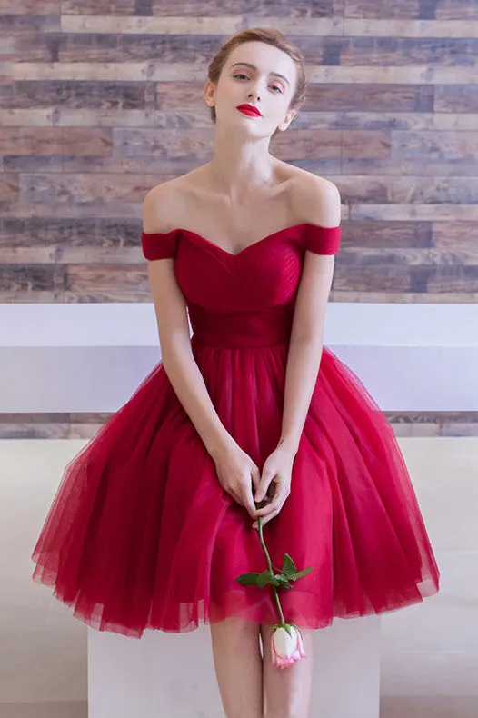 Simple Off the Shoulder Tulle Homecoming Dress,Short Red Cocktail Party Dress OK311