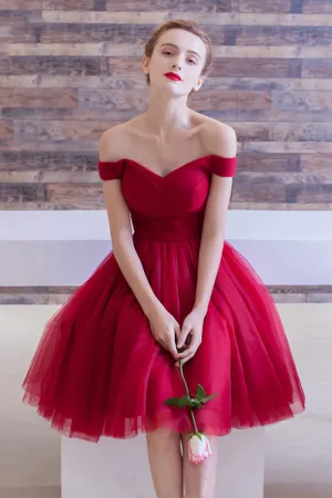 Simple Off the Shoulder Tulle Homecoming Dress,Short Red Cocktail Party Dress OK311