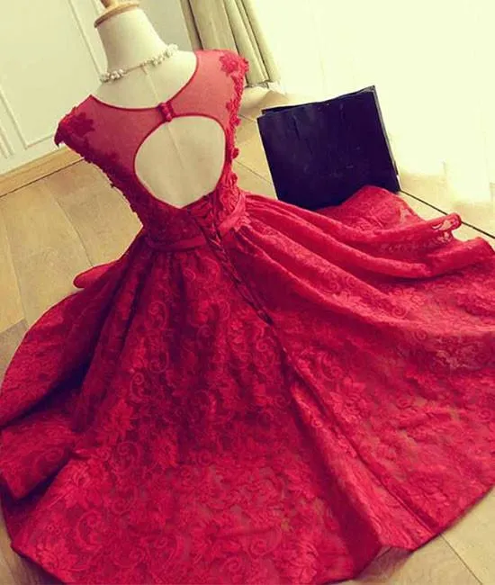 SIMPLE OPEN BACK ROUND NECK LACE SHORT RED PROM/HOMECOMING DRESS, SHORT LACE BRIDESMAID DRESS