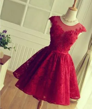 SIMPLE OPEN BACK ROUND NECK LACE SHORT RED PROM/HOMECOMING DRESS, SHORT LACE BRIDESMAID DRESS