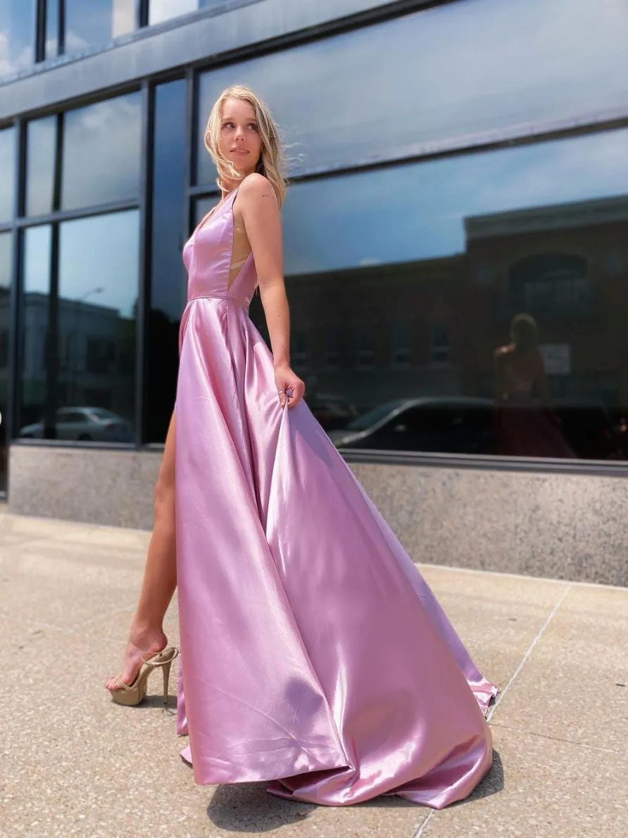 Simple pink satin long prom dress, pink long bridesmaid dress