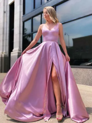Simple pink satin long prom dress, pink long bridesmaid dress