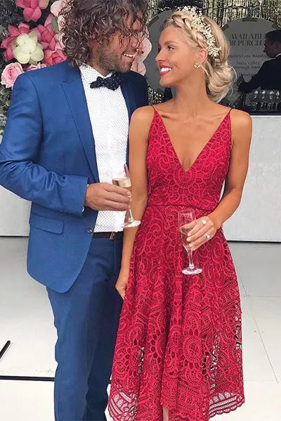 Simple Red A-line V-neck Spaghetti Straps Lace Bridesmaid Dresses, BD092