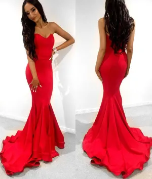 Simple red mermaid long prom dress, red evening dress