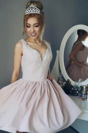 Simple Satin Deep V Neck Sleeveless Homecoming Dresses with Appliques, MH343