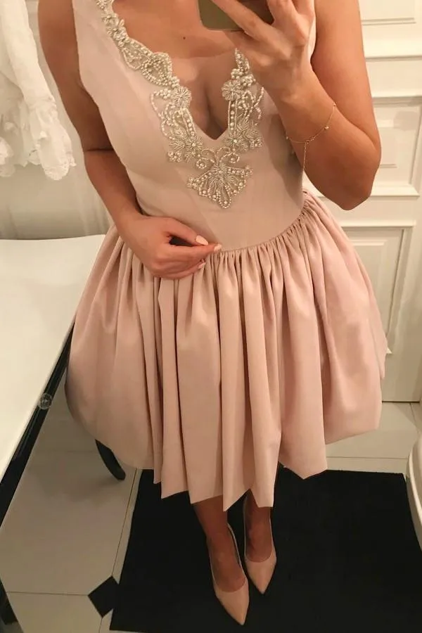 Simple Satin Deep V Neck Sleeveless Homecoming Dresses with Appliques, MH343