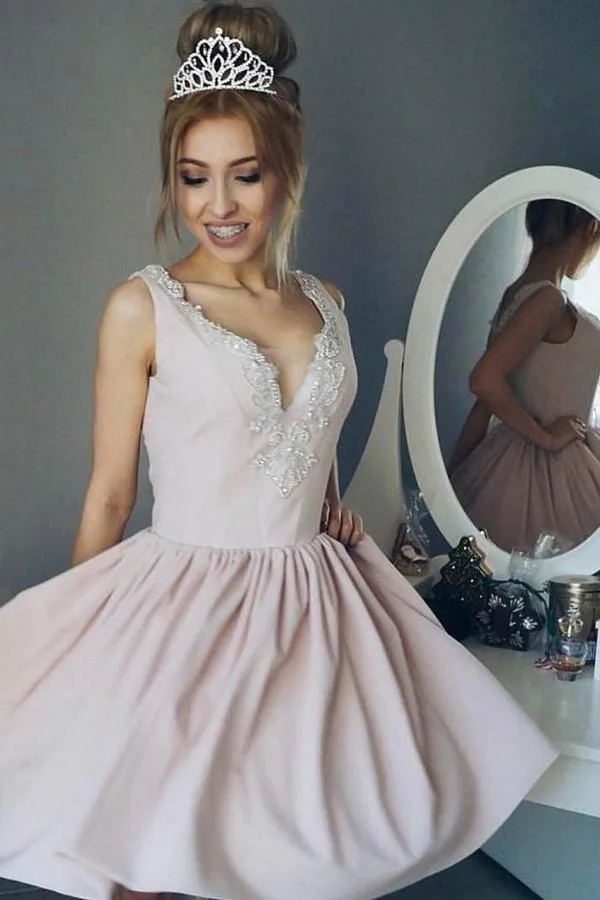 Simple Satin Deep V Neck Sleeveless Homecoming Dresses with Appliques, MH343
