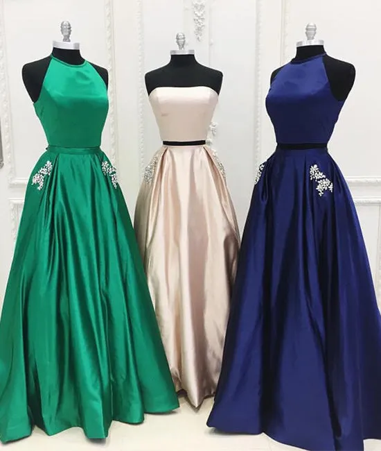 Simple satin two pieces long prom dress satin evening dress