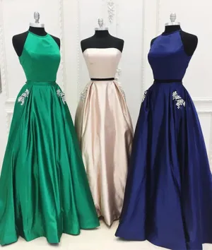 Simple satin two pieces long prom dress satin evening dress