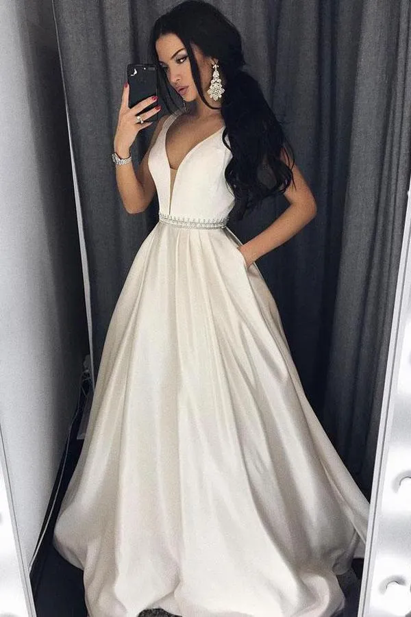 Simple Satin V-neck A-line Princess Prom Dresses Evening Dress with Pocket, MP421