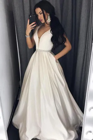 Simple Satin V-neck A-line Princess Prom Dresses Evening Dress with Pocket, MP421