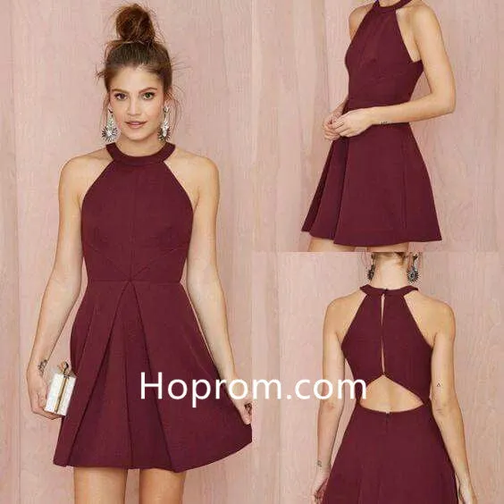 Simple Sexy Homecoming Dress, Burgundy Halter Homecoming Dress