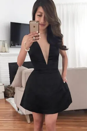 Simple Sleeveless V Neck Black Short Prom Dresses, Homecoming Dress, MH408