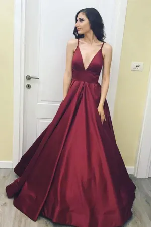 Simple Spaghetti Straps Burgundy V neck Long Prom Dresses,A Line Formal Evening Dress OK401