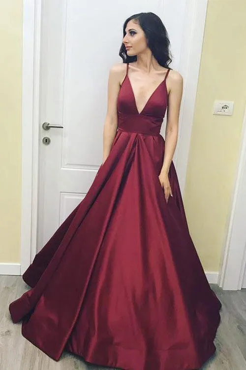 Simple Spaghetti Straps Burgundy V neck Long Prom Dresses,A Line Formal Evening Dress OK401