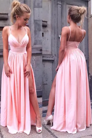 Simple Spaghetti Straps Pink V Neck Long Prom Dresses with Slit OK648