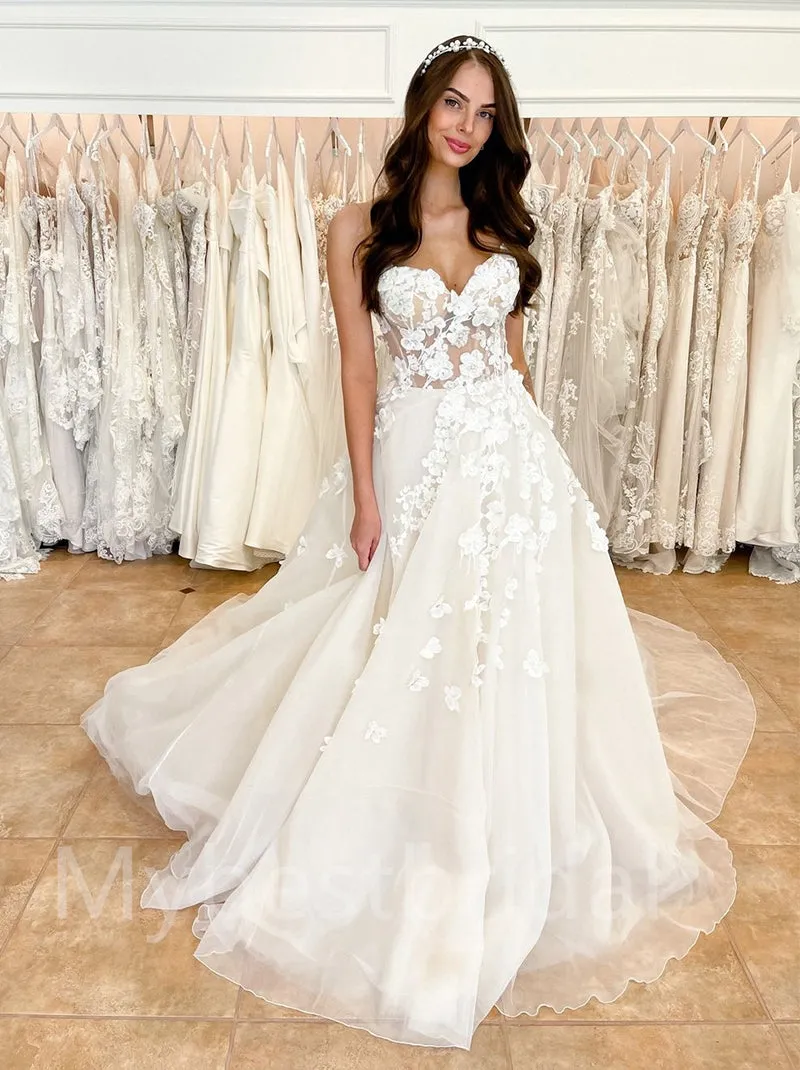 Simple Sweetheart A-line Lace applique Wedding Dresses, WDY0244