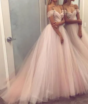 Simple sweetheart tulle champagne long prom dress, evening dress