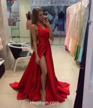 Simple Tank Straps Red Prom Dresses 2018 High Slit Evening Dresses