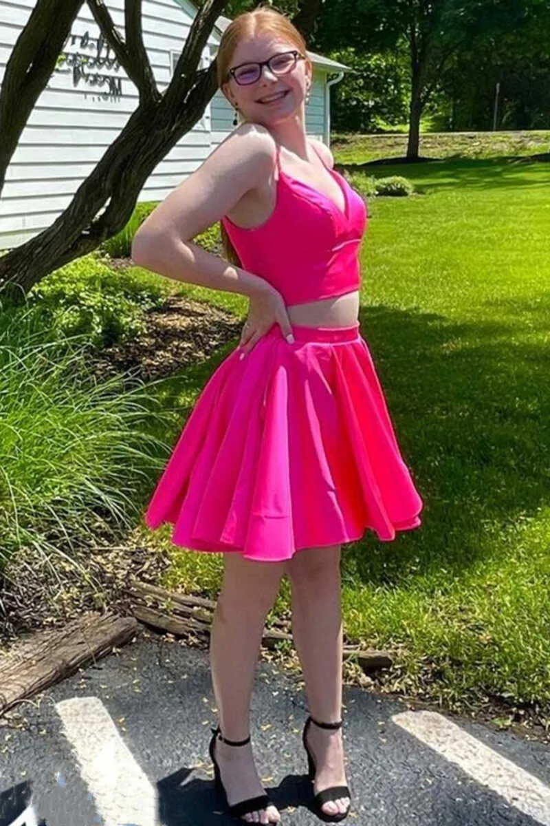Simple Two-Piece Neon Pink V-Neck A-Line V Neck Short Homecoming Dress OK1491