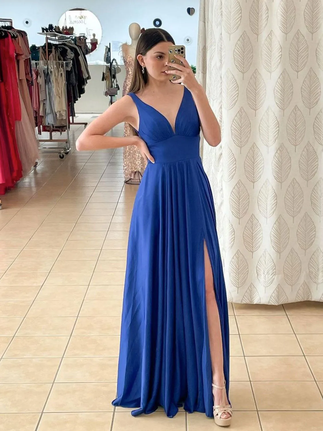 Simple v neck blue chiffon long prom dress blue long bridesmaid dress