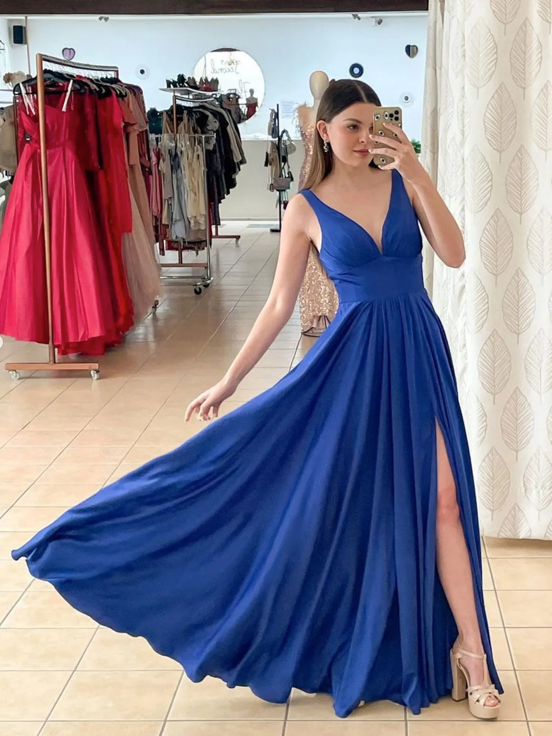 Simple v neck blue chiffon long prom dress blue long bridesmaid dress