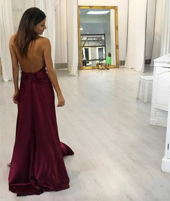 Simple v neck burgundy long prom dress, burgundy evening dress