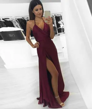 Simple v neck burgundy long prom dress, burgundy evening dress