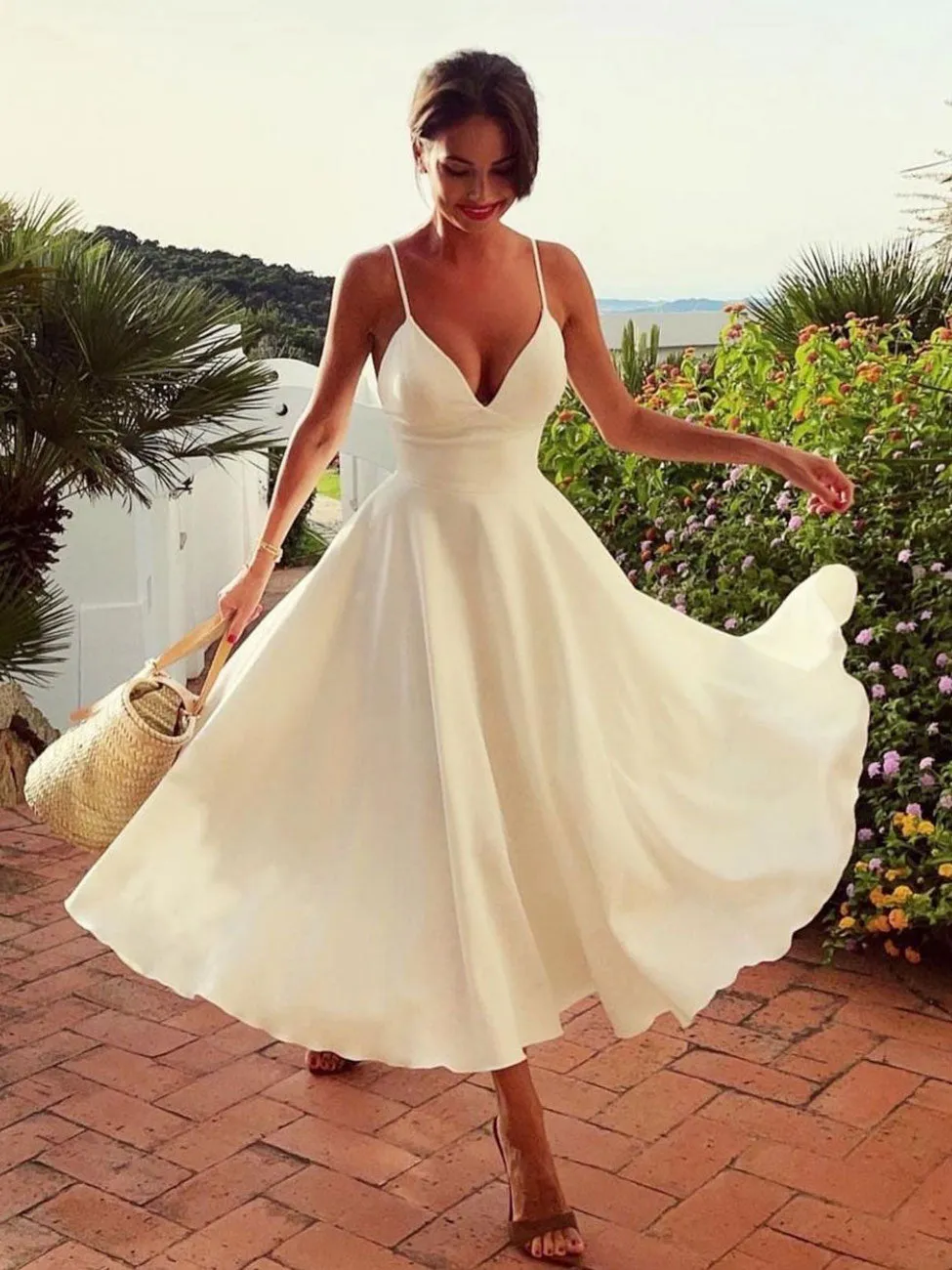 Simple V Neck White Prom Dress, Tea Length Saint Formal Wedding Party Dress