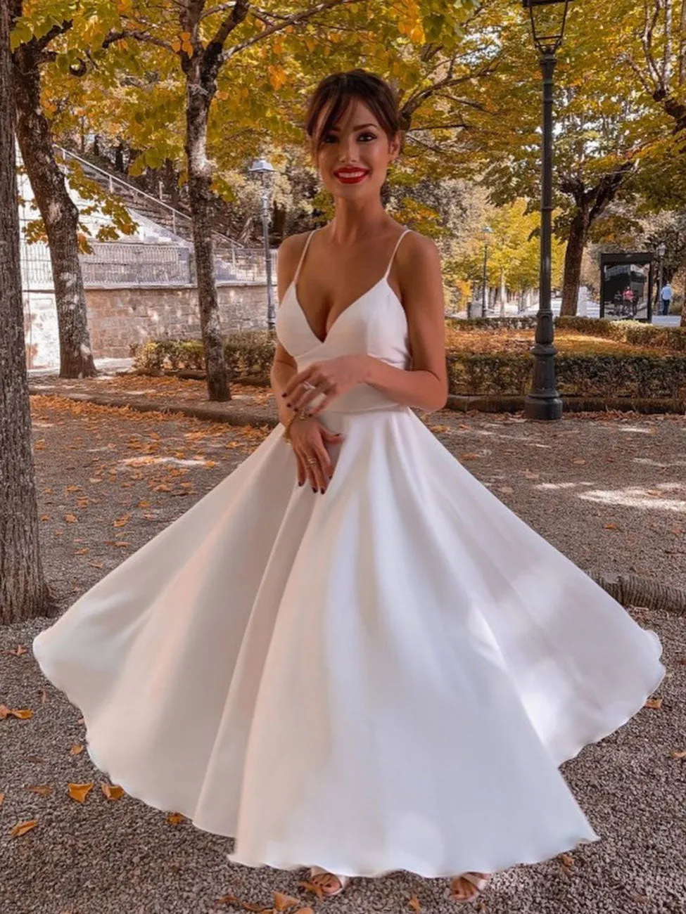 Simple V Neck White Prom Dress, Tea Length Saint Formal Wedding Party Dress