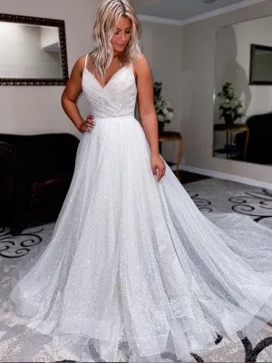 Simple white A-line sequin long prom dress, white evening dress