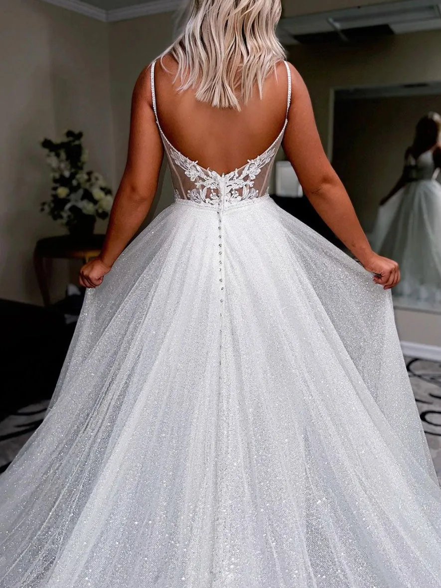 Simple white A-line sequin long prom dress, white evening dress