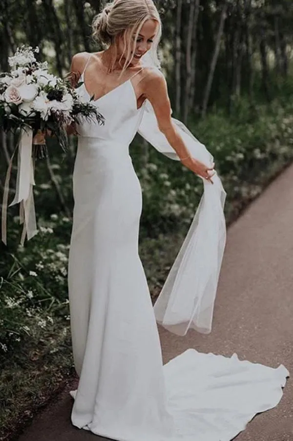 Simple White Mermaid Spaghetti Straps V Neck Satin Boho Beach Wedding Dress, SW295