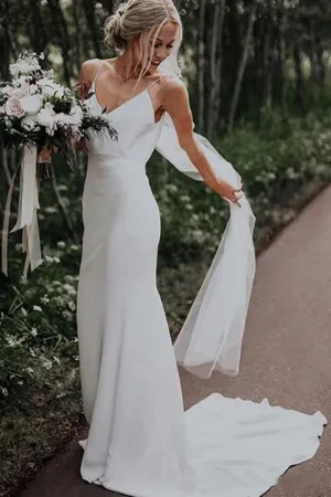 Simple White Mermaid Spaghetti Straps V Neck Satin Boho Beach Wedding Dress, SW295