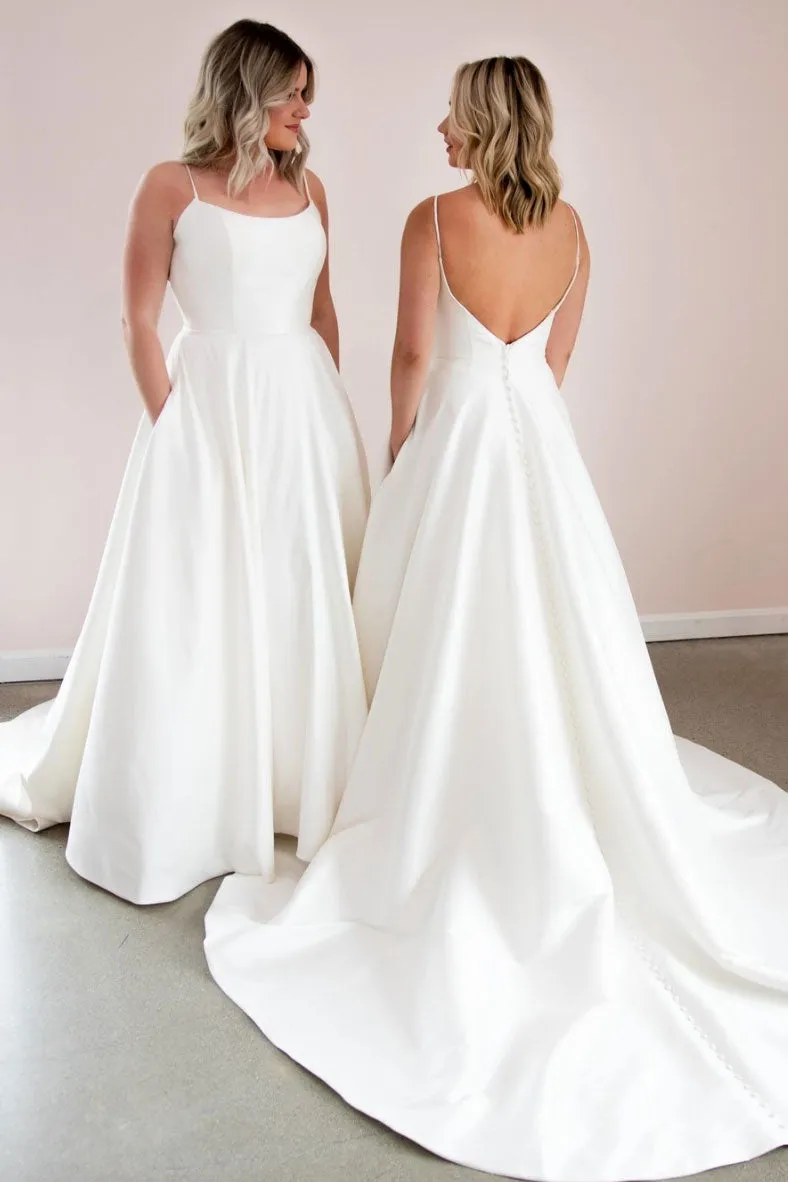 Simple white satin long prom dress white formal dress
