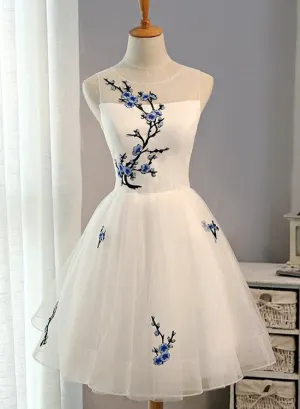 Simple White Tulle Knee Length Party Dress, White Party Dress, Formal Dresses