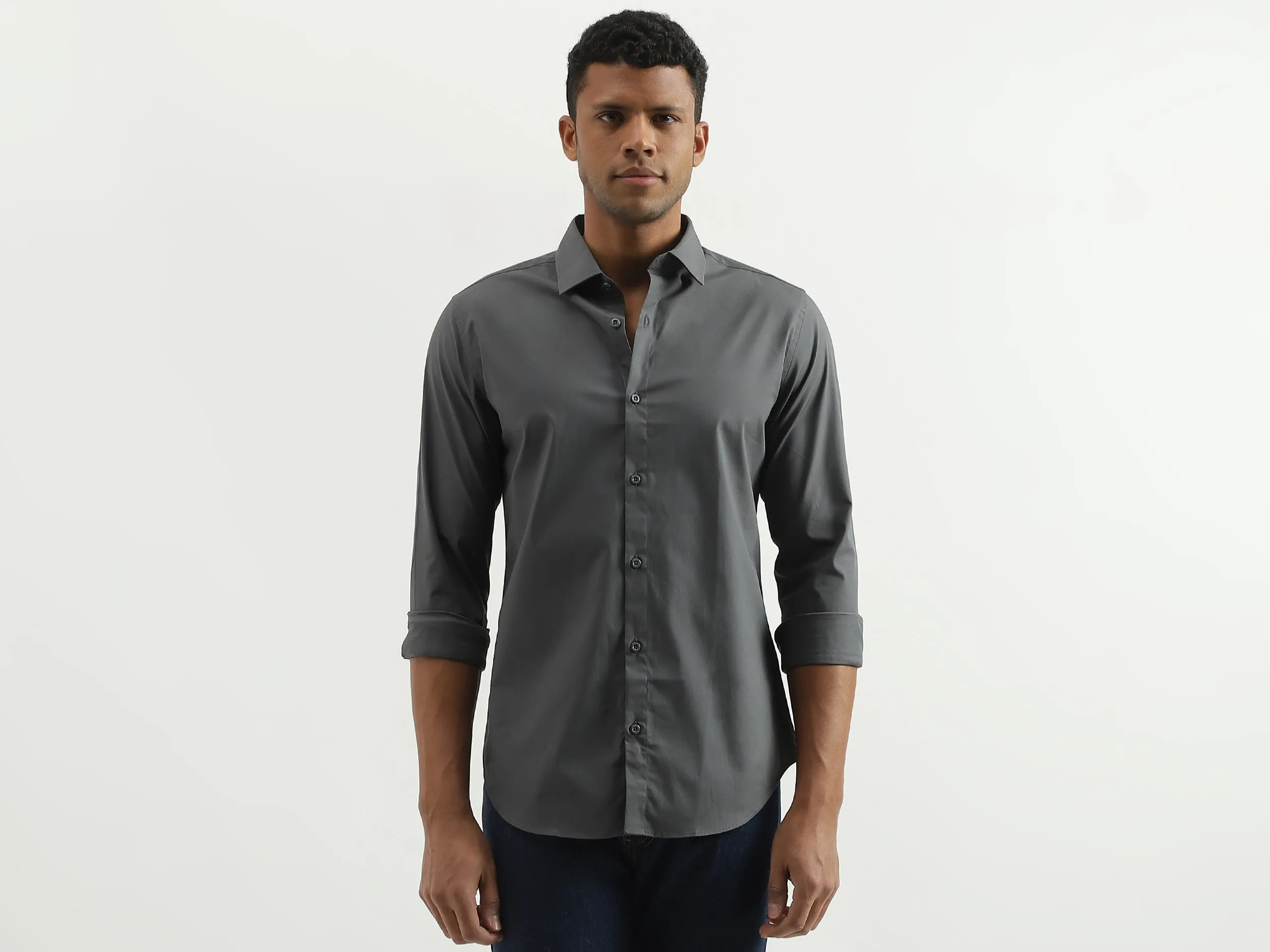 Slim Fit Spread Collar Solid Shirt