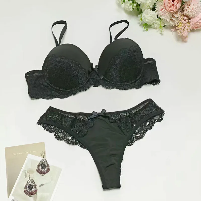 Solid Bowknot Decoration Lace 2PCS Lingerie Set