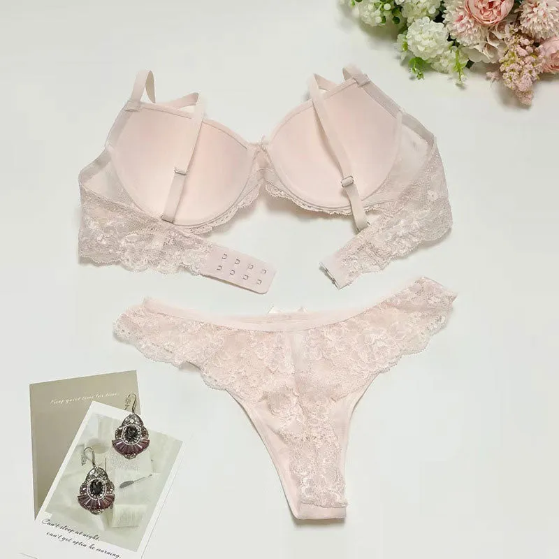 Solid Bowknot Decoration Lace 2PCS Lingerie Set